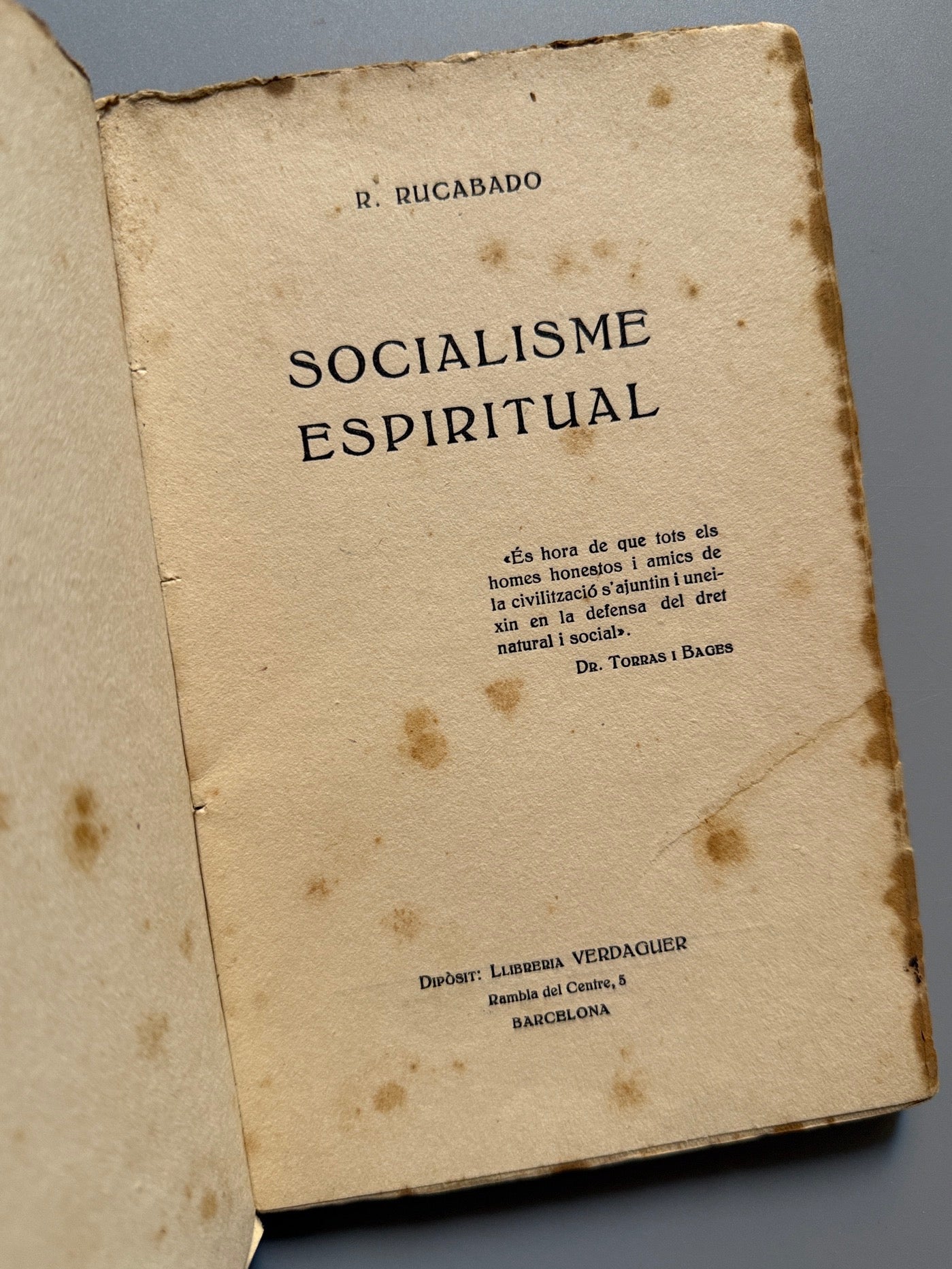 Libro de: Socialisme espiritual, R. Rucabado - Librería Verdaguer, 1919