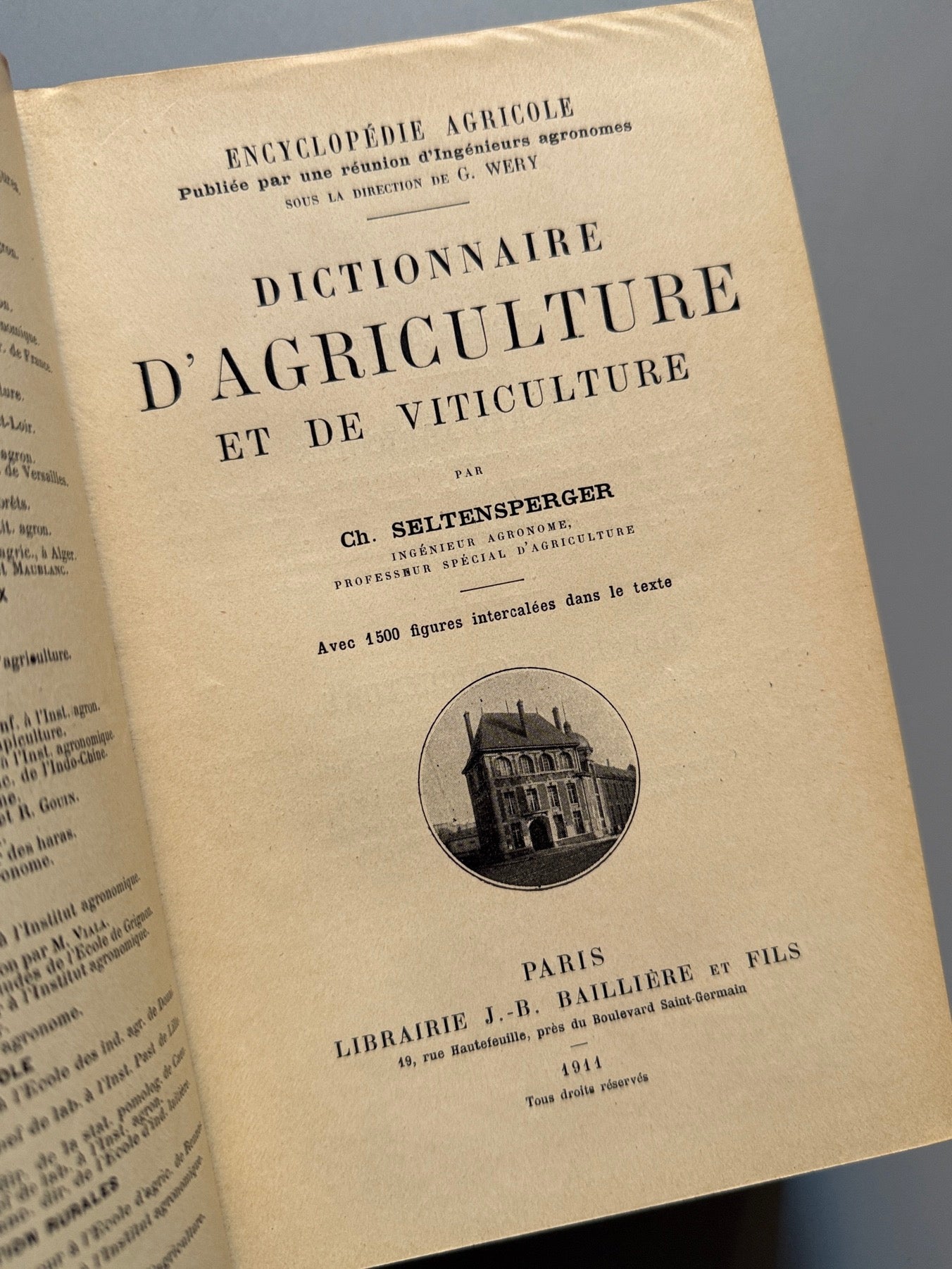 Libro de: Dictionnaire d'agriculture et de viticulture, Ch. Seltensperger - Libraire J. B. Baillière, 1911