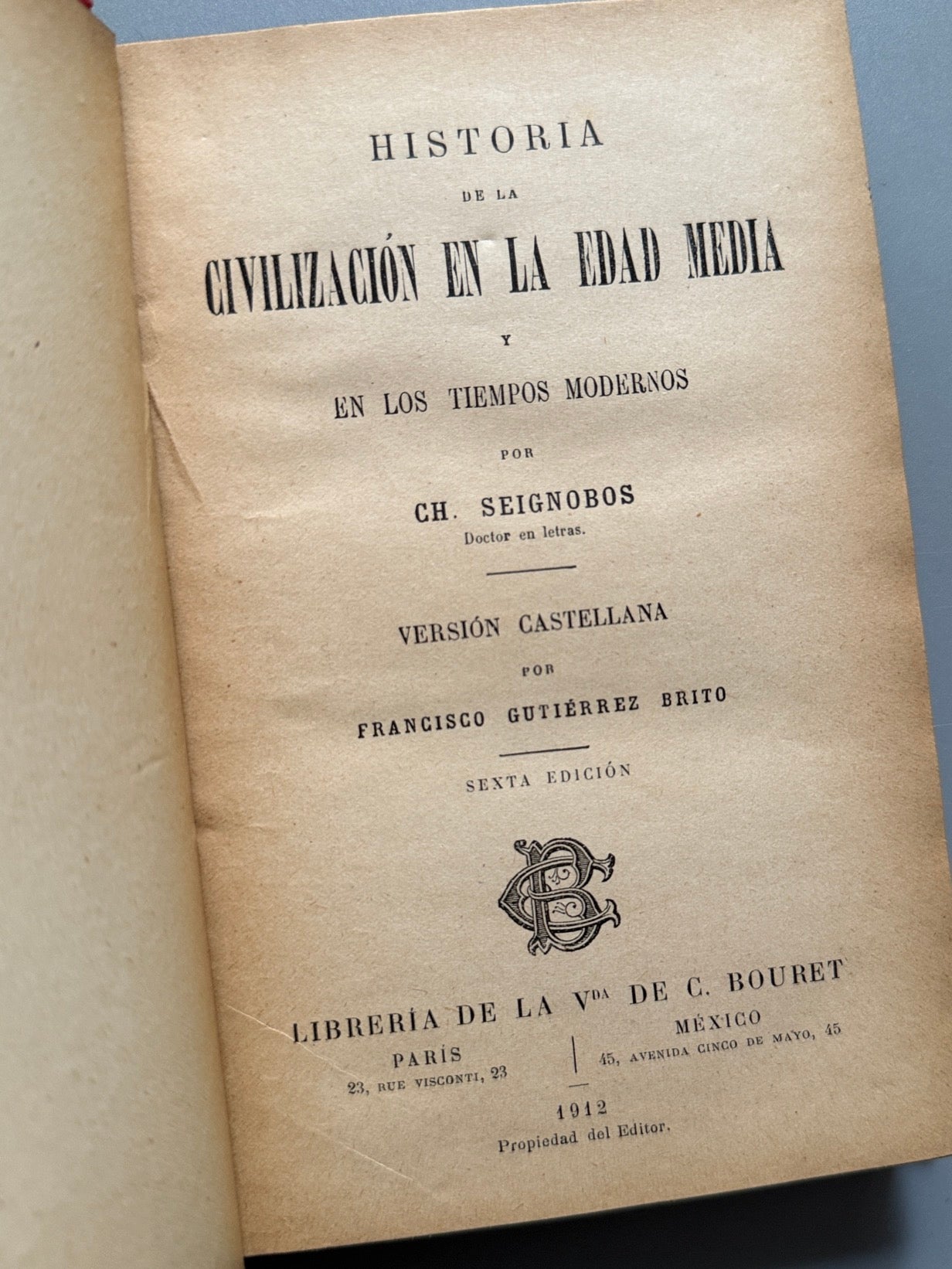 Libro de: Historia de la civilización en la Edad Media y en los tiempos modernos, Ch. Seignobos - 1912