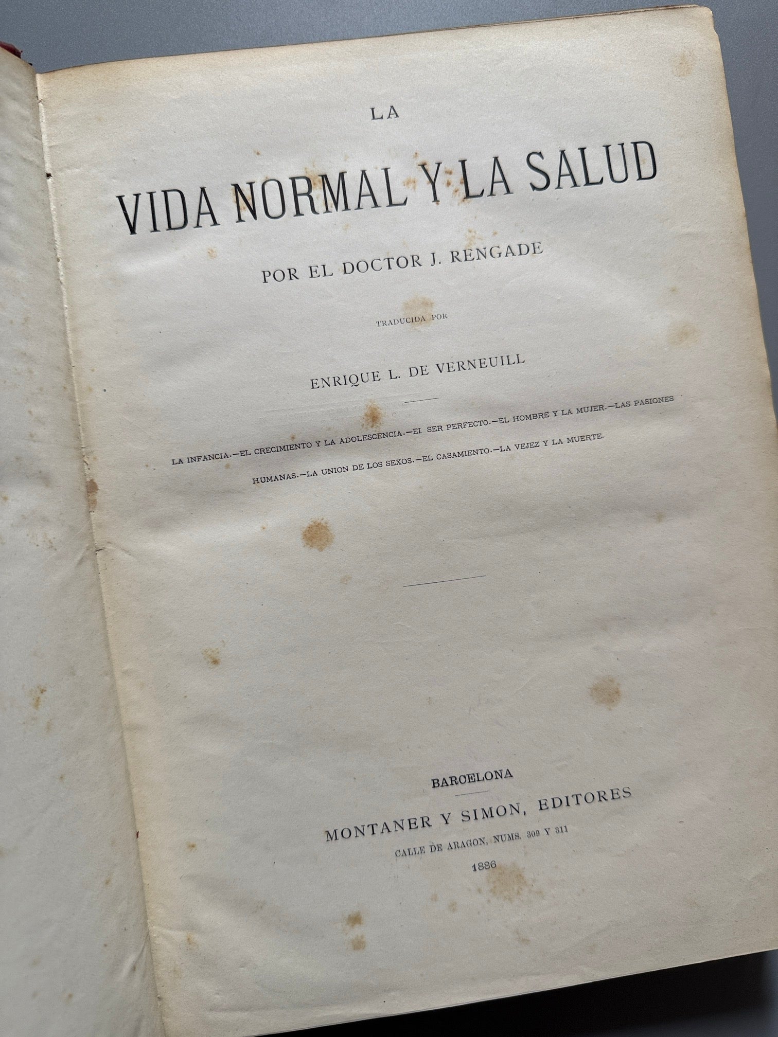 Libro de: La vida normal y la salud, Doctor J. Rengade - Montaner y Simón, 1886