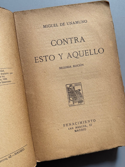 Libro de: Contra esto y aquello, Miguel de Unamuno - Renacimiento, 1928