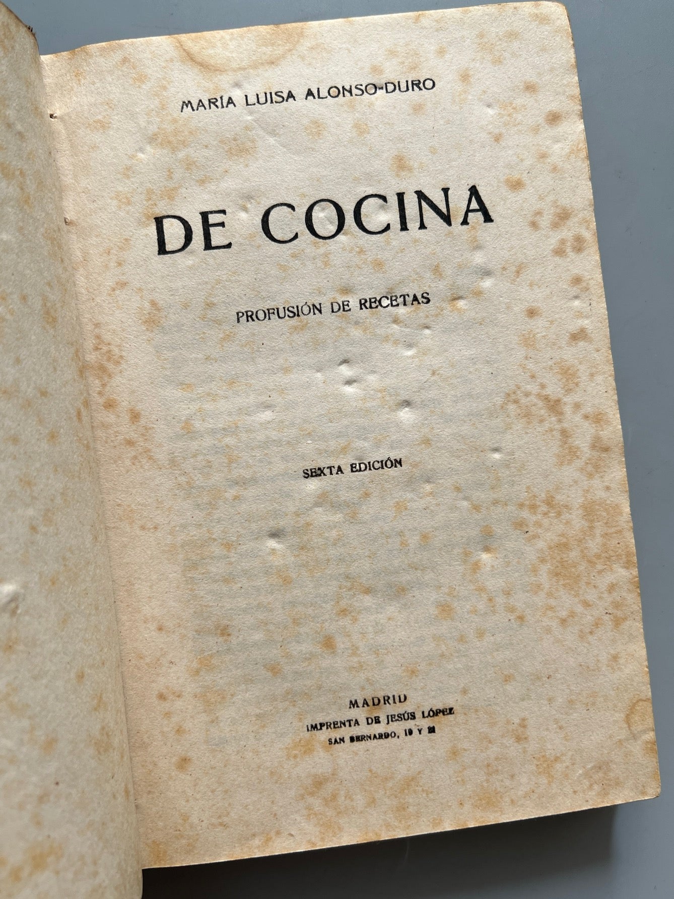 Libro de: De Cocina, María Luisa Alonso-Duro - Imprenta De Jesús López, Ca. 1920