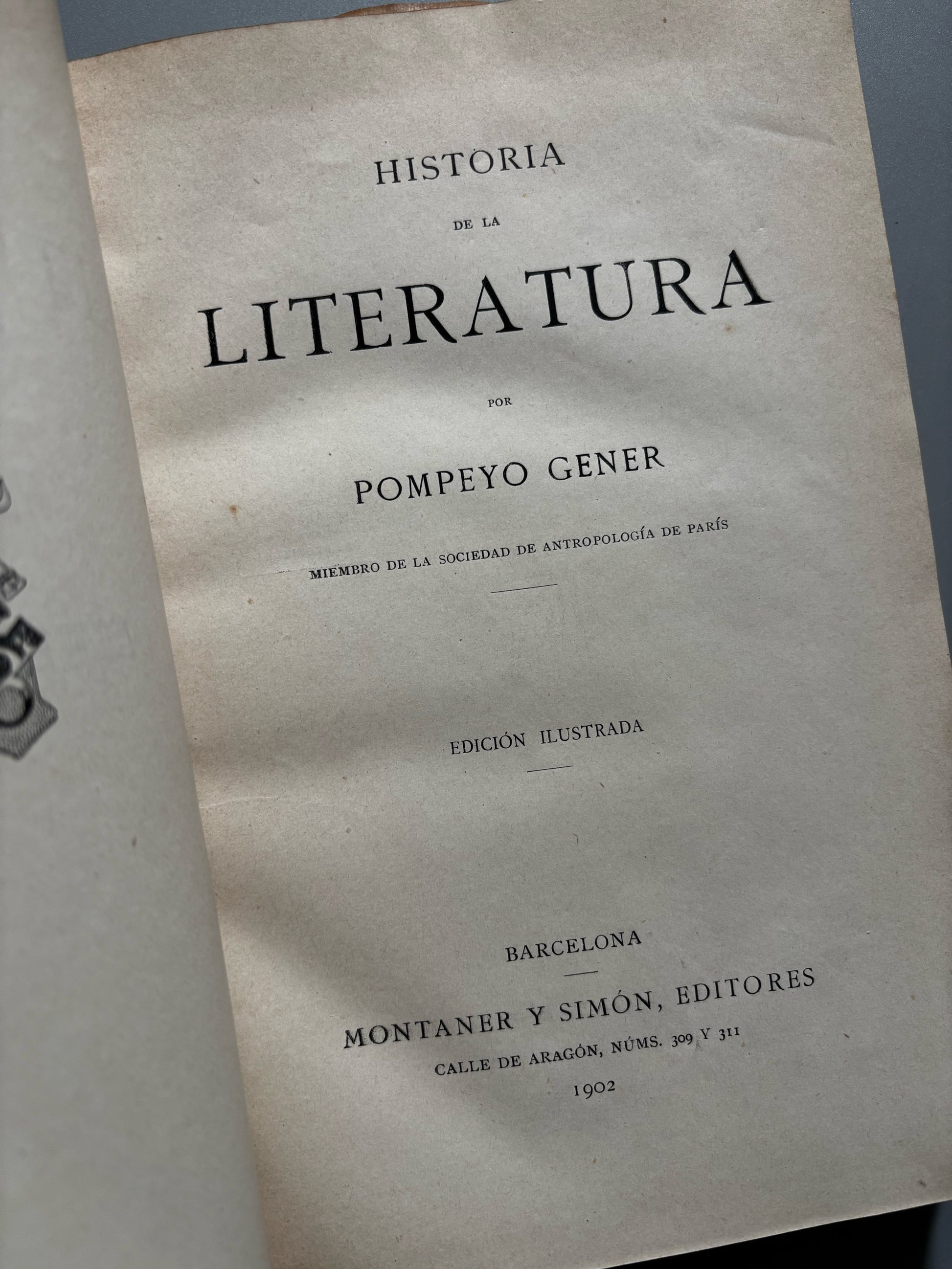 Libro de: Historia de la literatura, Pompeyo Gener - Montaner y Simón, 1902