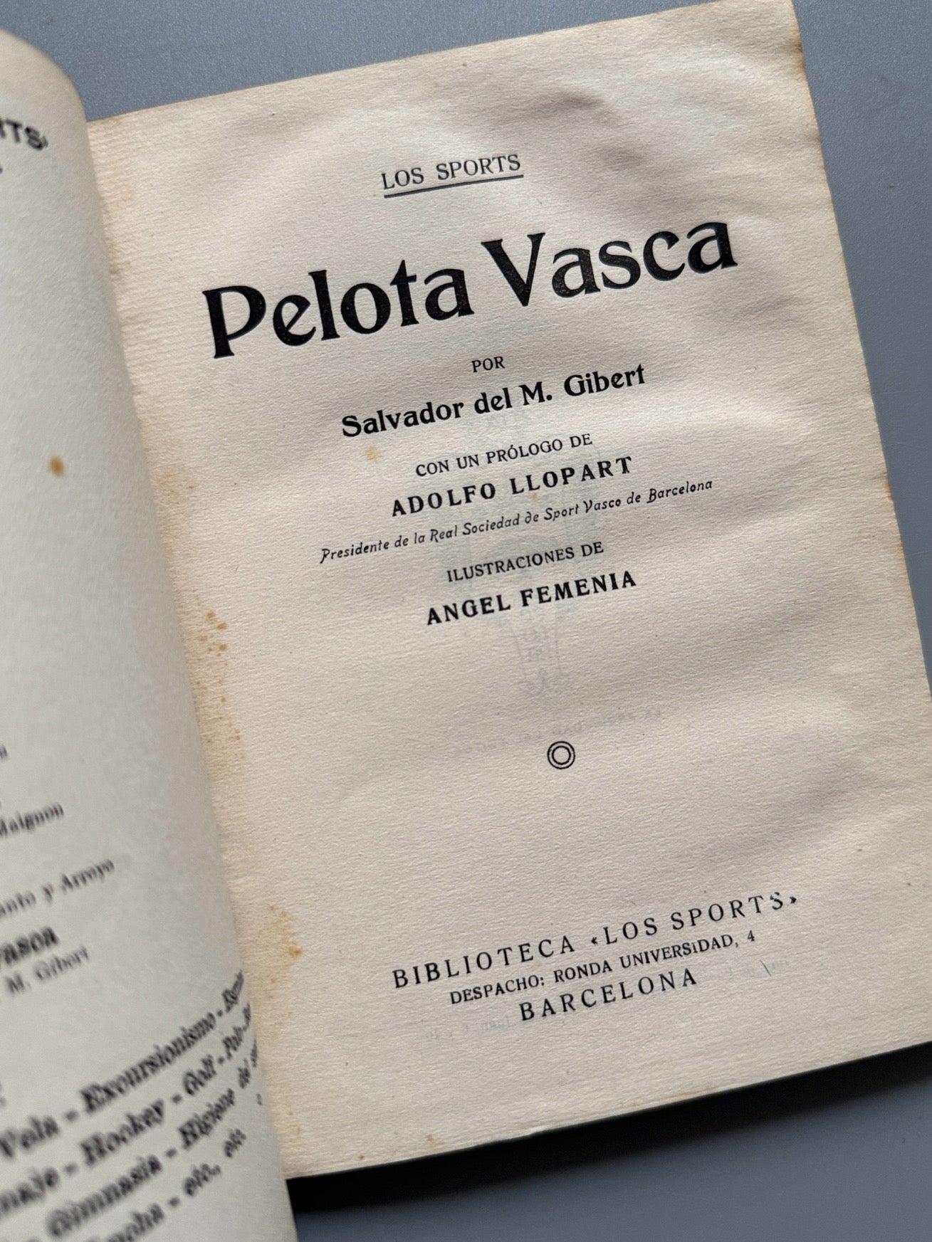 Libro de: Pelota vasca, Salvador del M. Gibert - Biblioteca Los Sports, ca. 1920