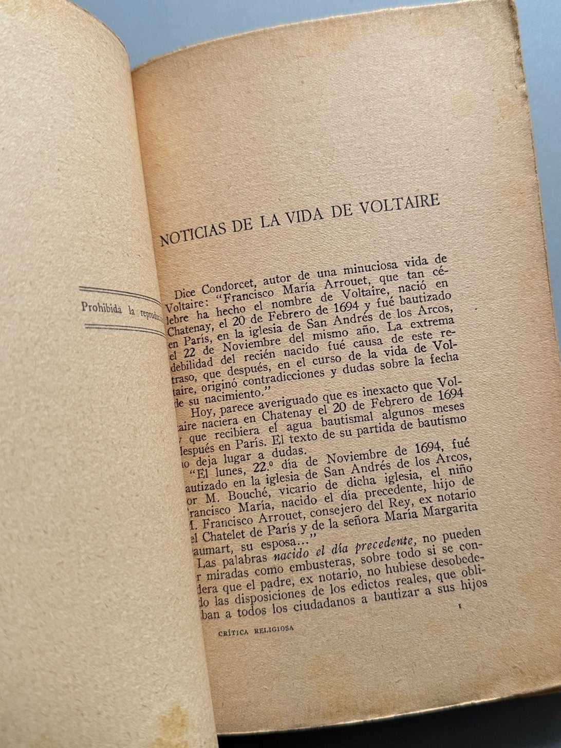 Libro de: Crítica religiosa, Voltaire - Antonio Roch Editor, ca. 1915