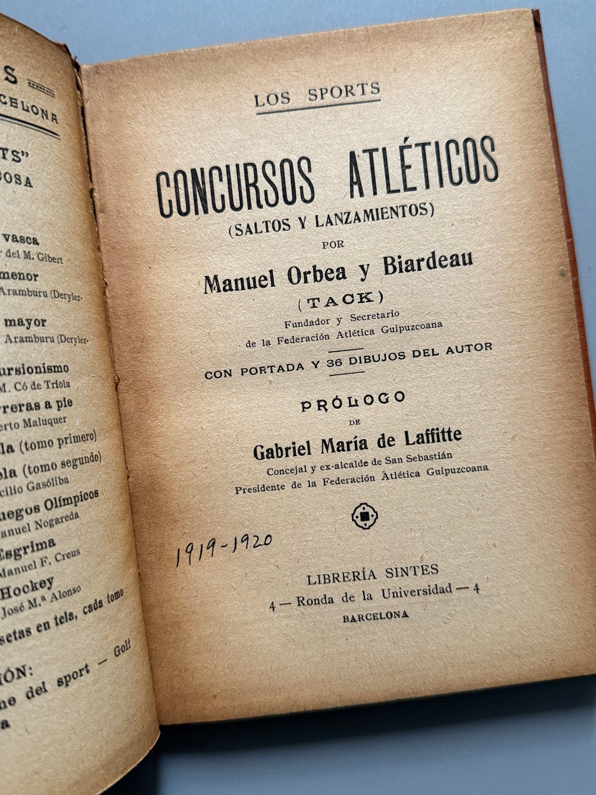 Libro de: Concursos atléticos, Manuel Orbea y Biardeau - Librería Sintes. Los Sports, ca. 1920