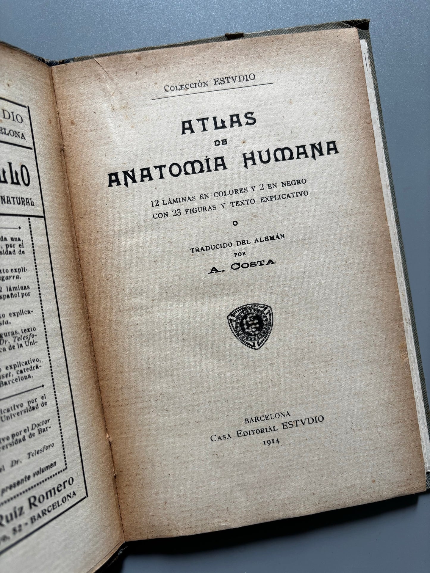 Libro de: Atlas de bolsillo de anatomía humana, Traducción de A. Costa - Casa Editorial Estudio, 1914