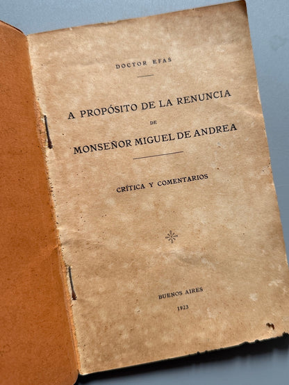 Libro de: A propósito de la renuncia de Monseñor Miguel de Andrea, Doctor Efas - Buenos Aires, 1923