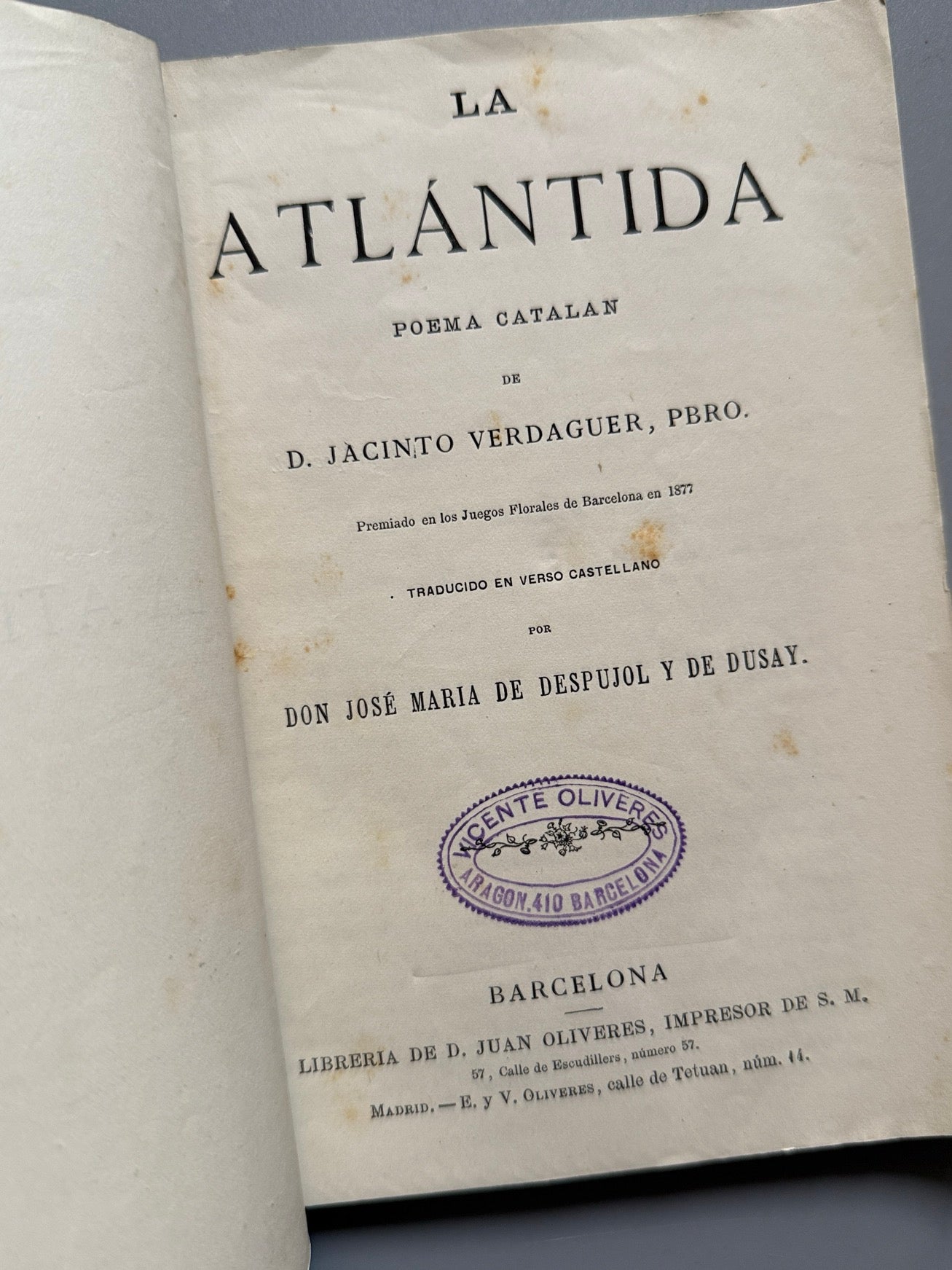 Libro de: La Atlántida, Jacinto Verdaguer - Librería de D. Juan Oliveres, ca. 1880