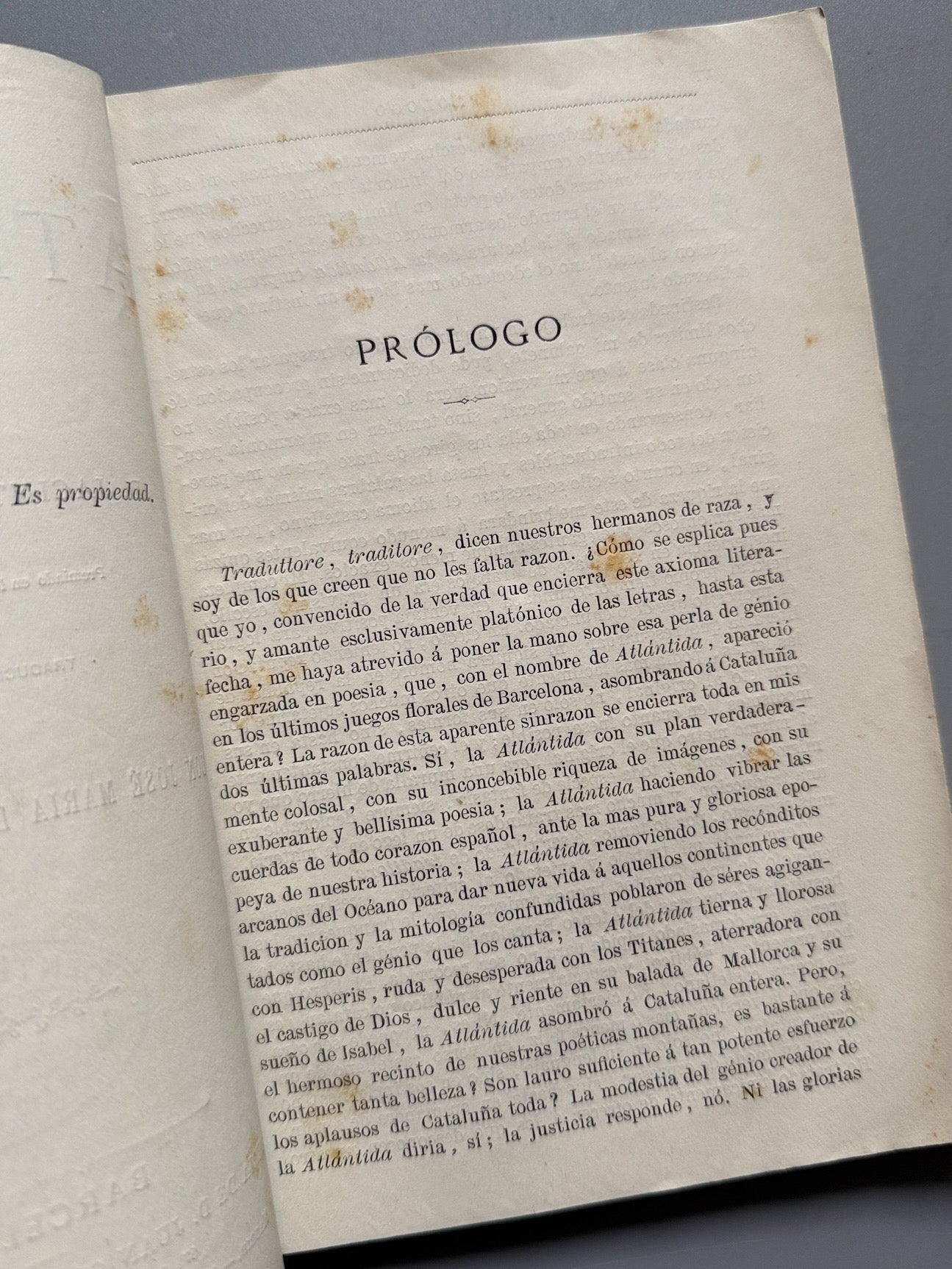 Libro de: La Atlántida, Jacinto Verdaguer - Librería de D. Juan Oliveres, ca. 1880