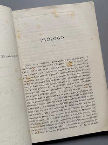 Libro de: La Atlántida, Jacinto Verdaguer - Librería de D. Juan Oliveres, ca. 1880