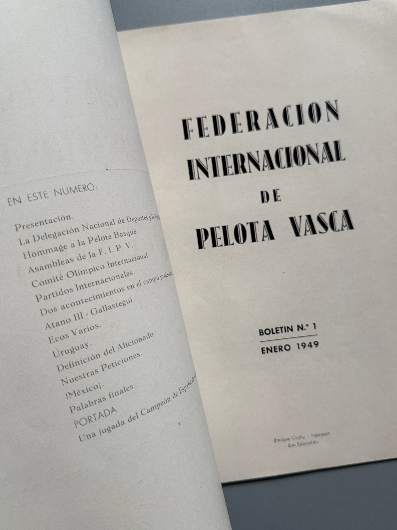 Libro de: Federación Internacional de Pelota Vasca. Boletín nº1 - San Sebastián, enero de 1949