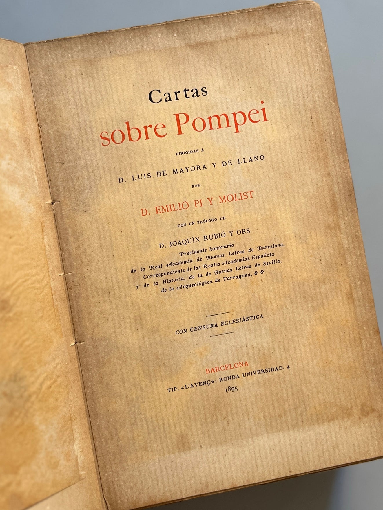 Libro de: Cartas A Pompei, Emilio Pi Y Molist - Tip. L'avenç, 1895