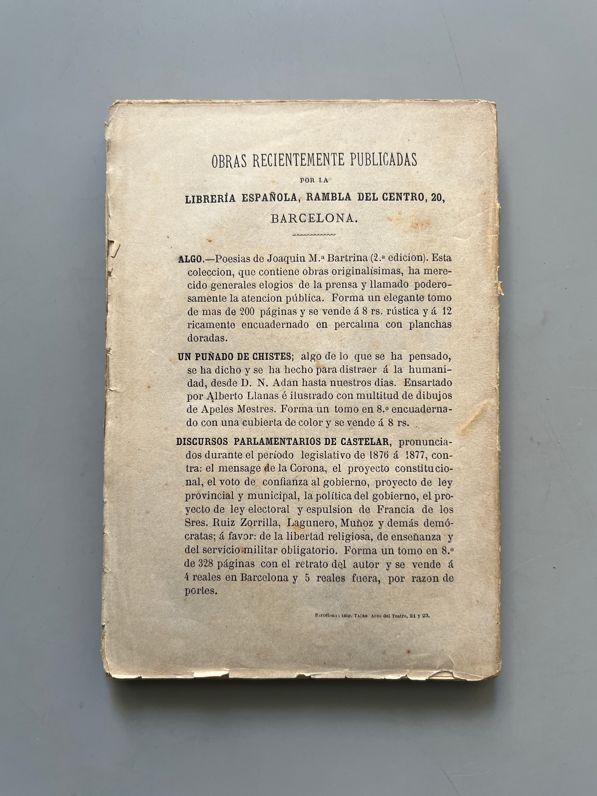 Libro de: El alma al diablo - A. Z (Valentí Almirall) - Librería Española de I. López Bernagosi, 1878