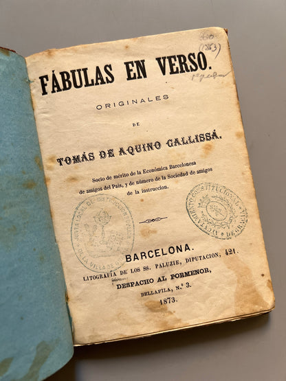 Libro de: Fábulas en verso, Tomás De Aquino Gallissá - Litografía de los ss. Paluzie, 1873