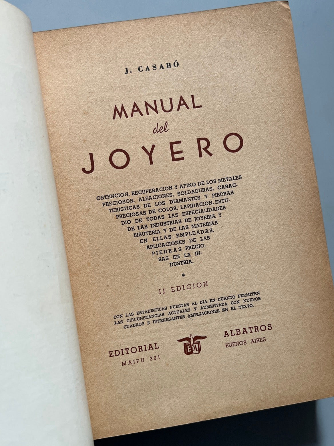 Libro de: Manual del joyero, J. Casabó - Editorial Albatros, 1944