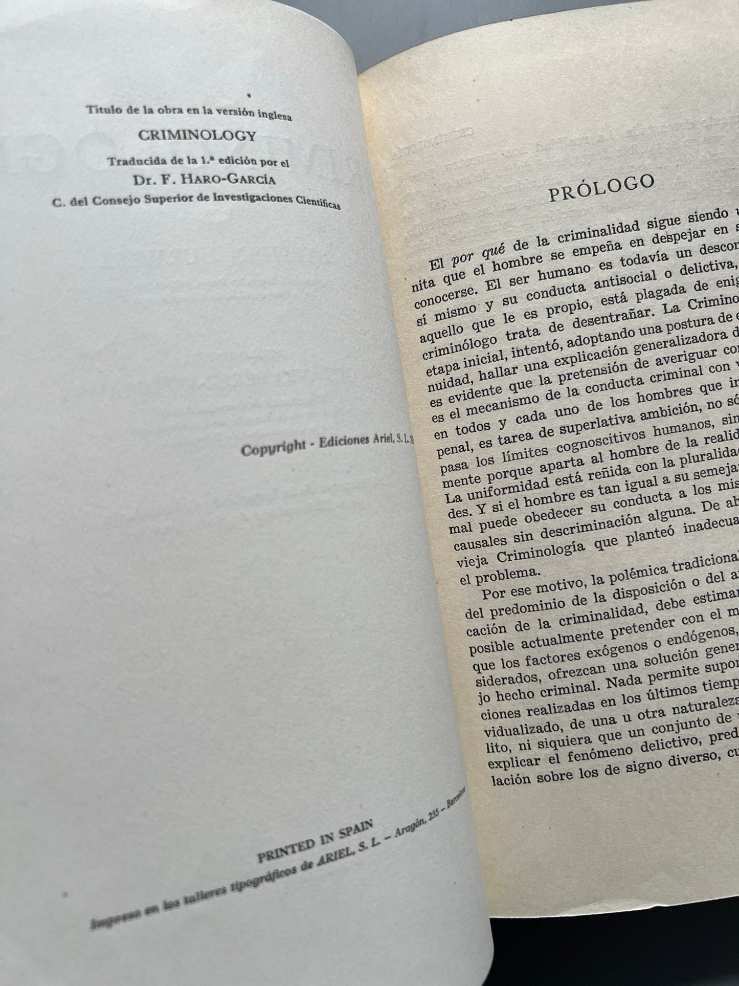 Libro de: Criminología, Stephan Hurwitz - Ediciones Ariel - 1956