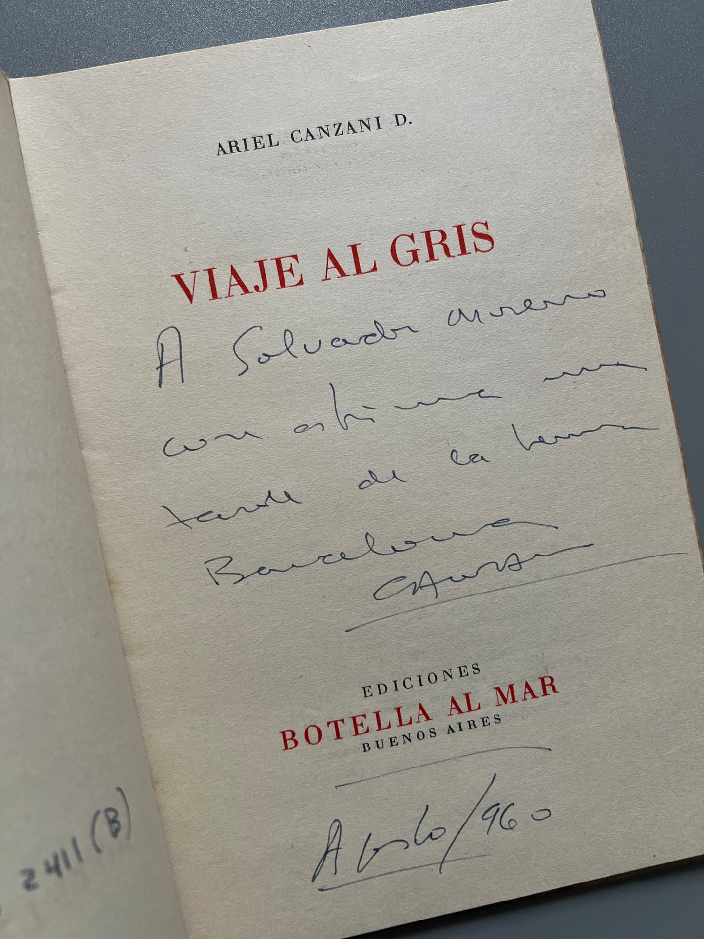 Libro de: Viaje al gris, Ariel Canzani D. (firmado), ilustración de Seoane  - Ediciones Botella al Mar, 1958