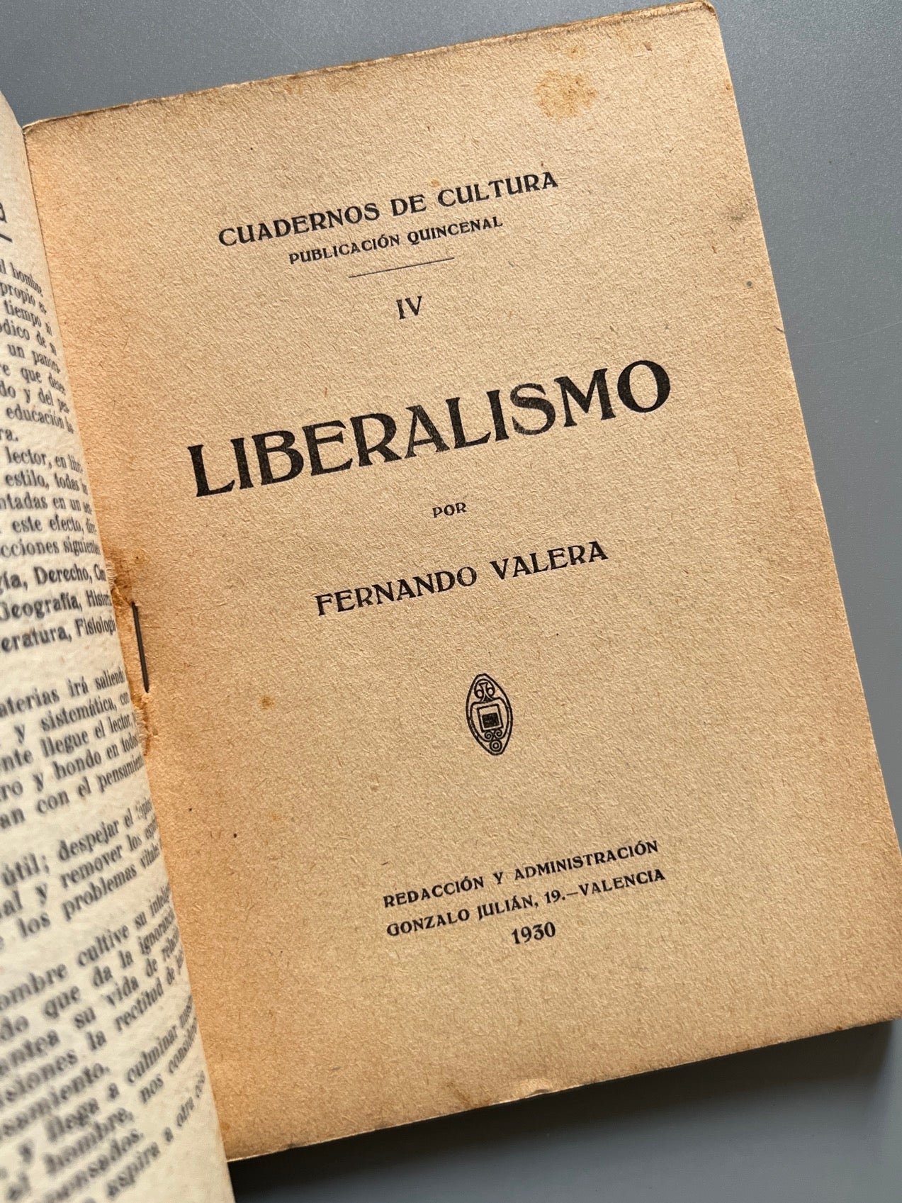 Libro de: Liberalismo, Fernando Valera - Cuadernos de Cultura, 1930