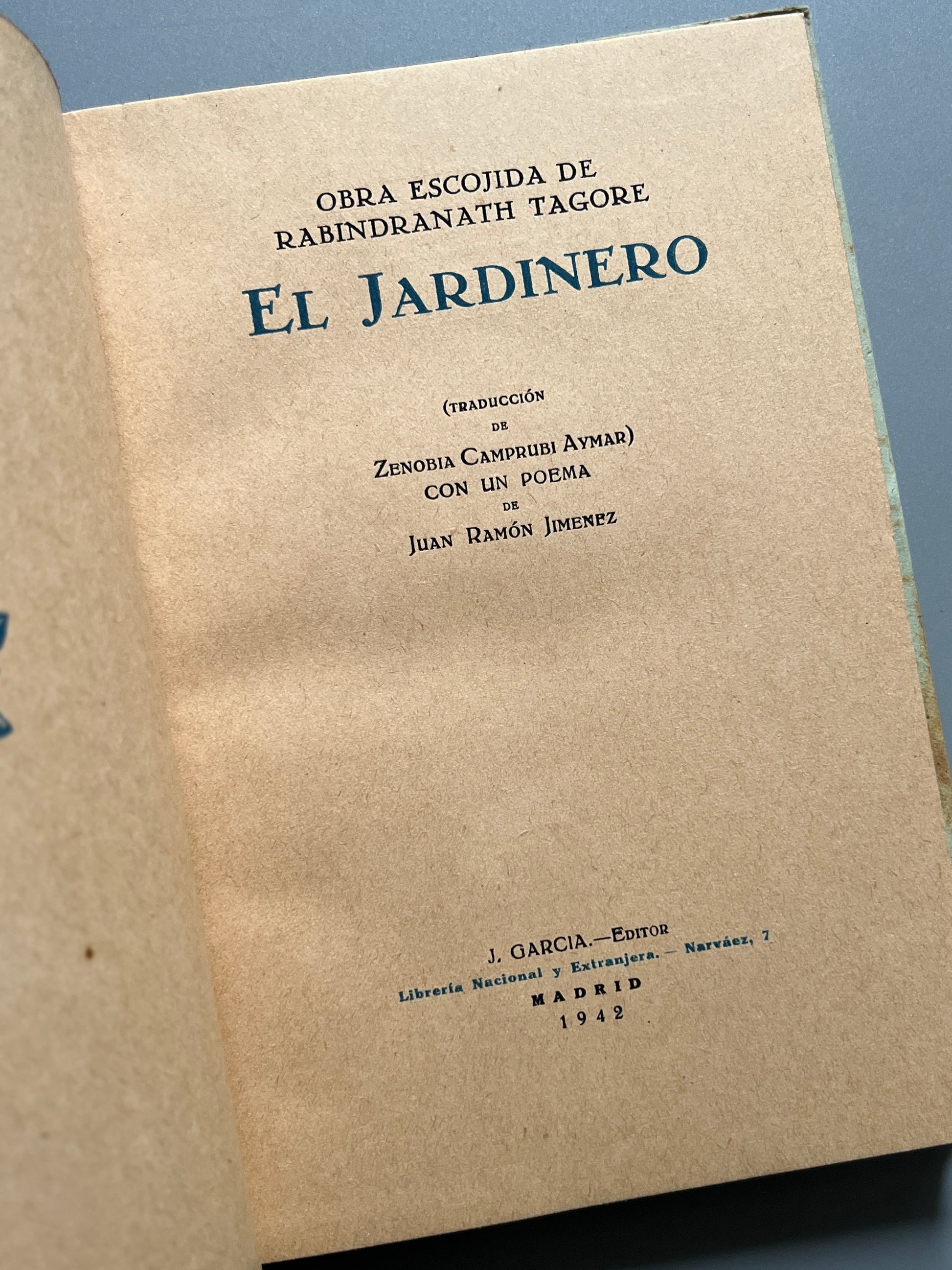 Libro de: El jardinero, Rabindranah Tagore - J. García, 1943