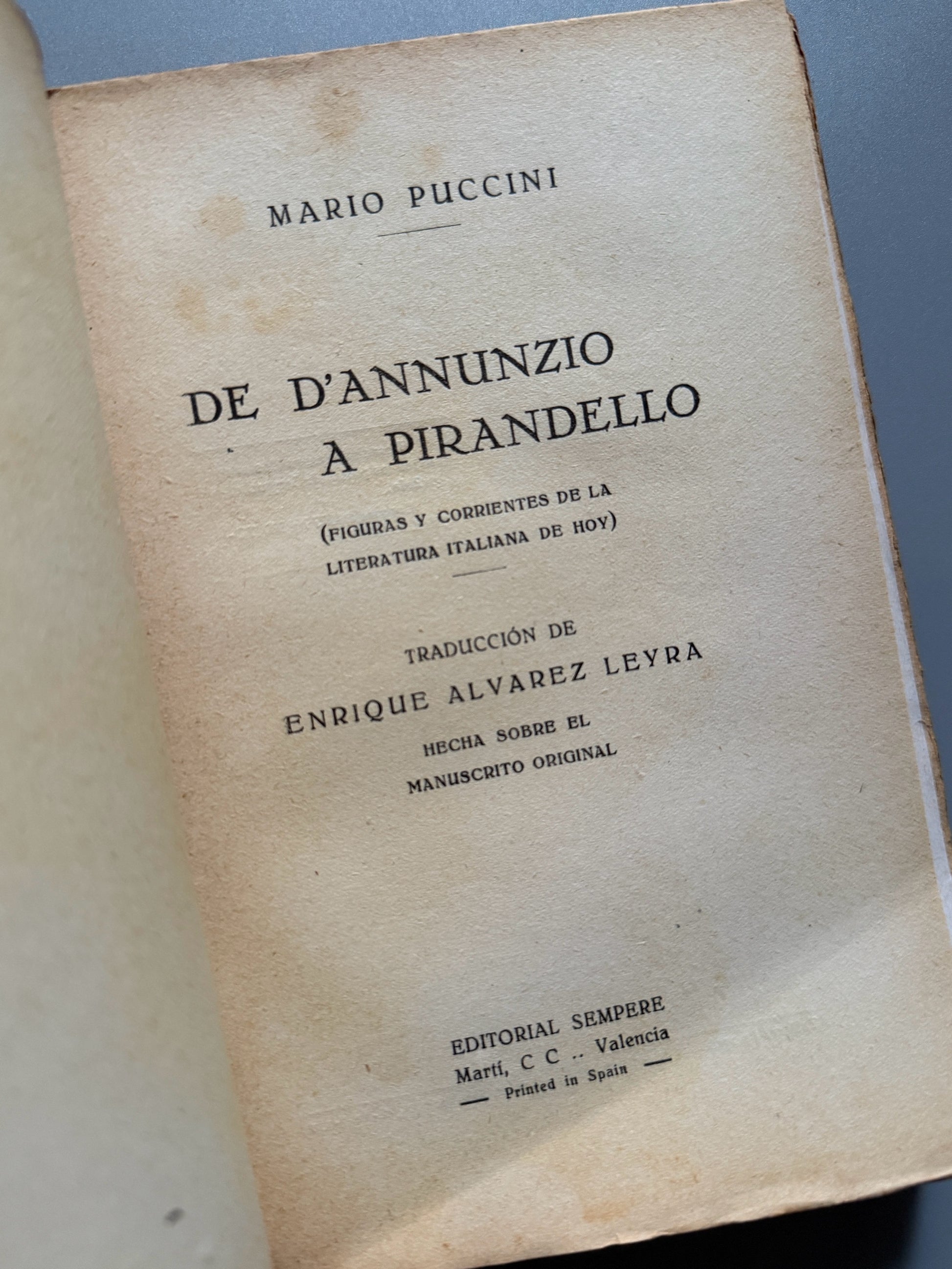 Libro de: De d'Annunzio a Pirandello, Mario Puccini - Editorial Sempere, 1927