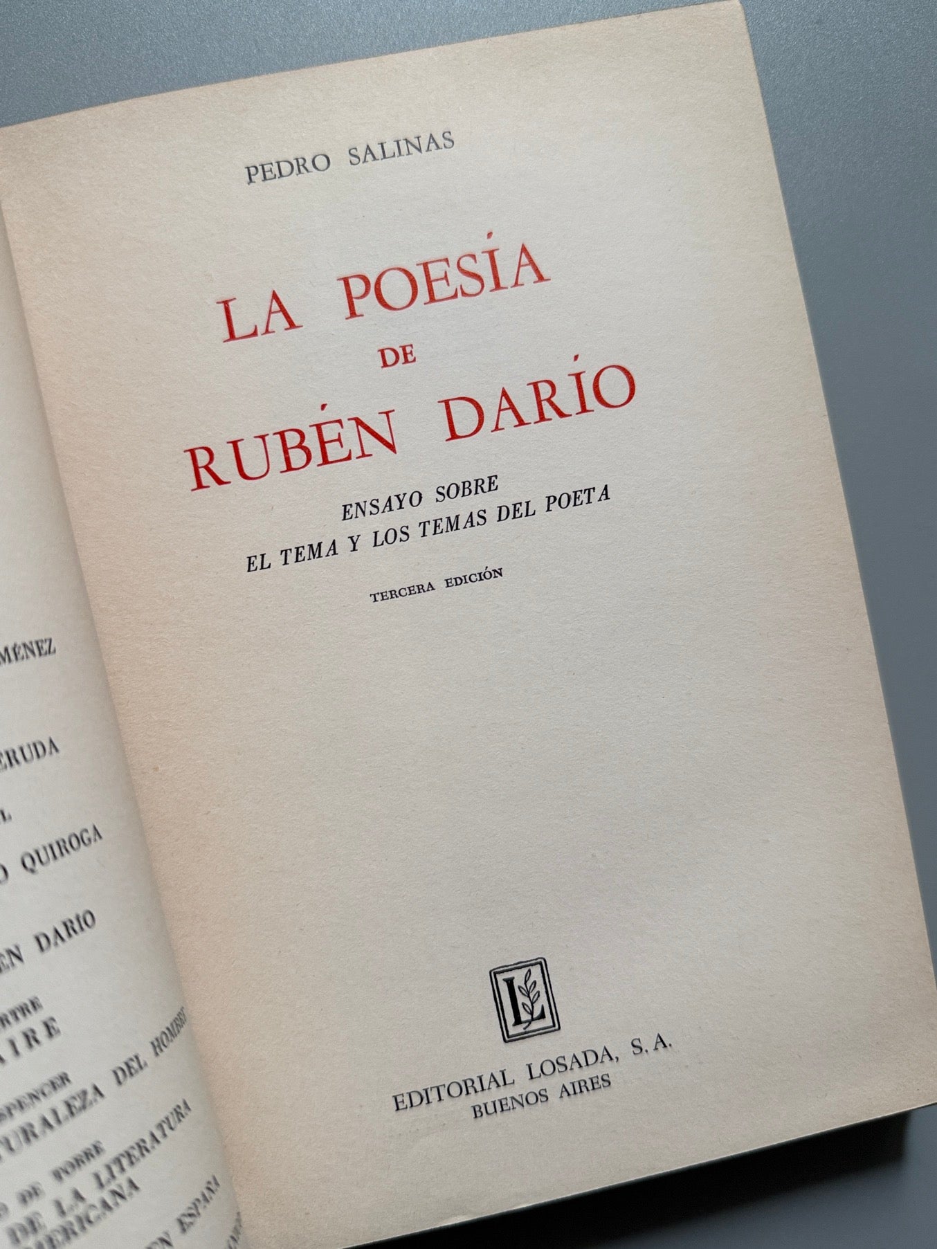 Libro de: La poesía de Rubén Darío, Pedro Salinas - Editorial Losada, 1968