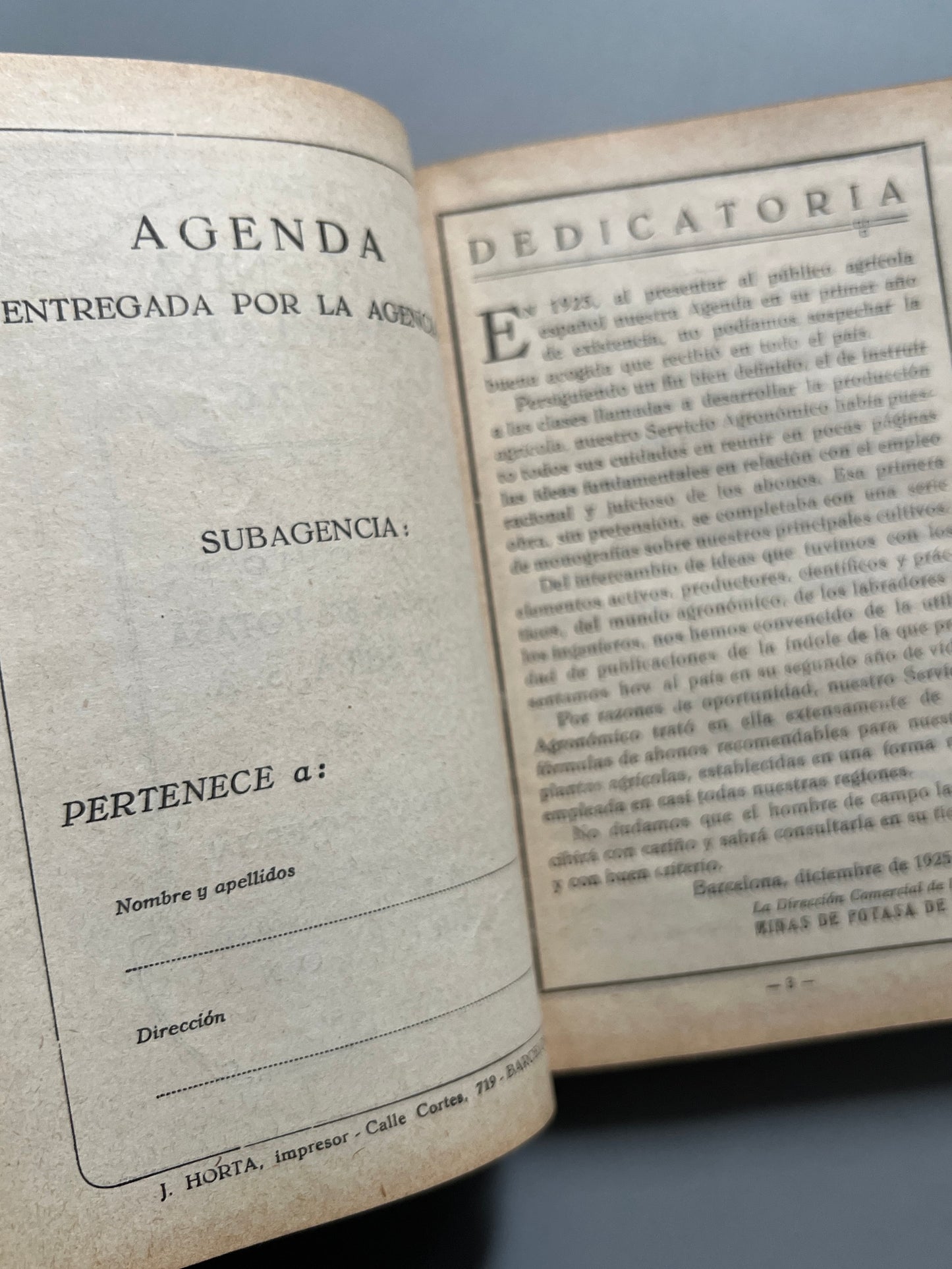 Minas de Potasa de Suria S. A., Agenda Agrícola - 1926