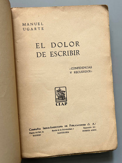 El dolor de escribir, Manuel Ugarte (firmado y dedicado a Miguel Rasch Isla) - C.I.A.P., 1933