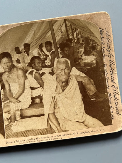 Hospital de Manila, filipinos curándose las heridas, fotografía estereoscópica bélica - Strohmeyer & Wyman Publishers, ca. 1899