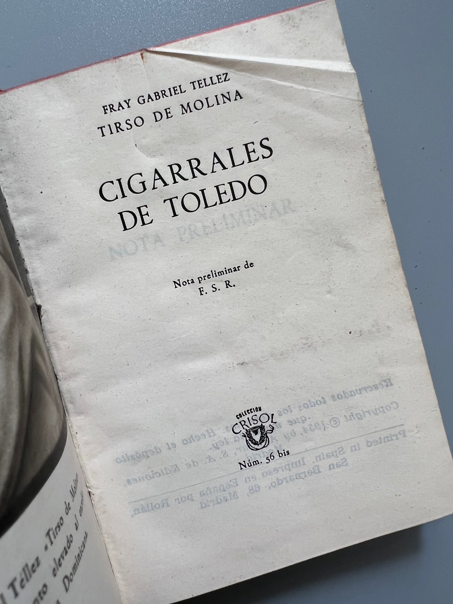 Los cigarrales de Toledo, Tirso de Molina - Colección Crisol nº54, 1954