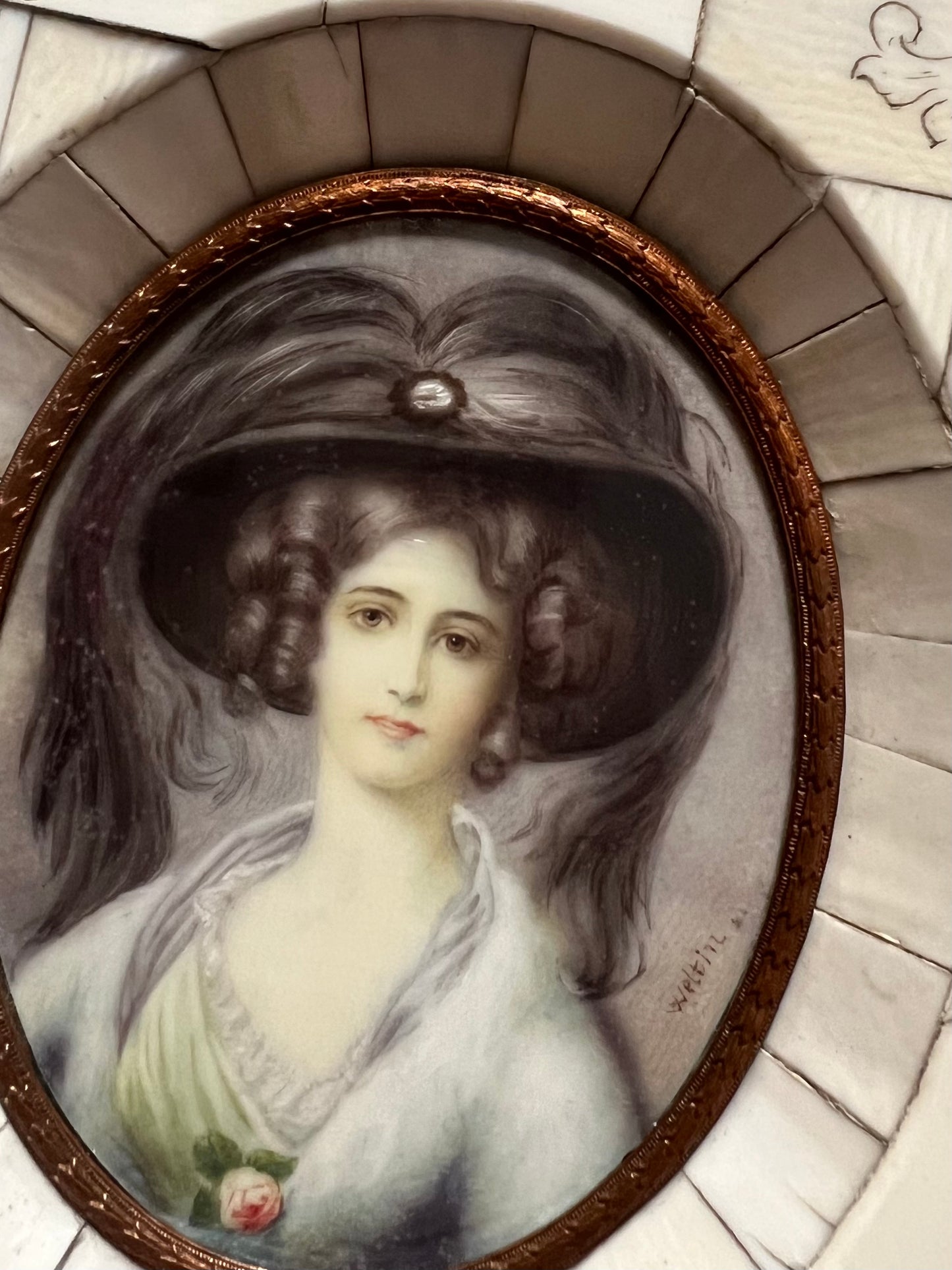 Miniatura retrato de dama al óleo o gouache, firmado por Weltin - Siglo XIX