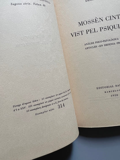 Mossèn Cinto vist pel psiquiatre, Delfí Abella (ejemplar numerado, nº314 - Editorial Barcino, 1958