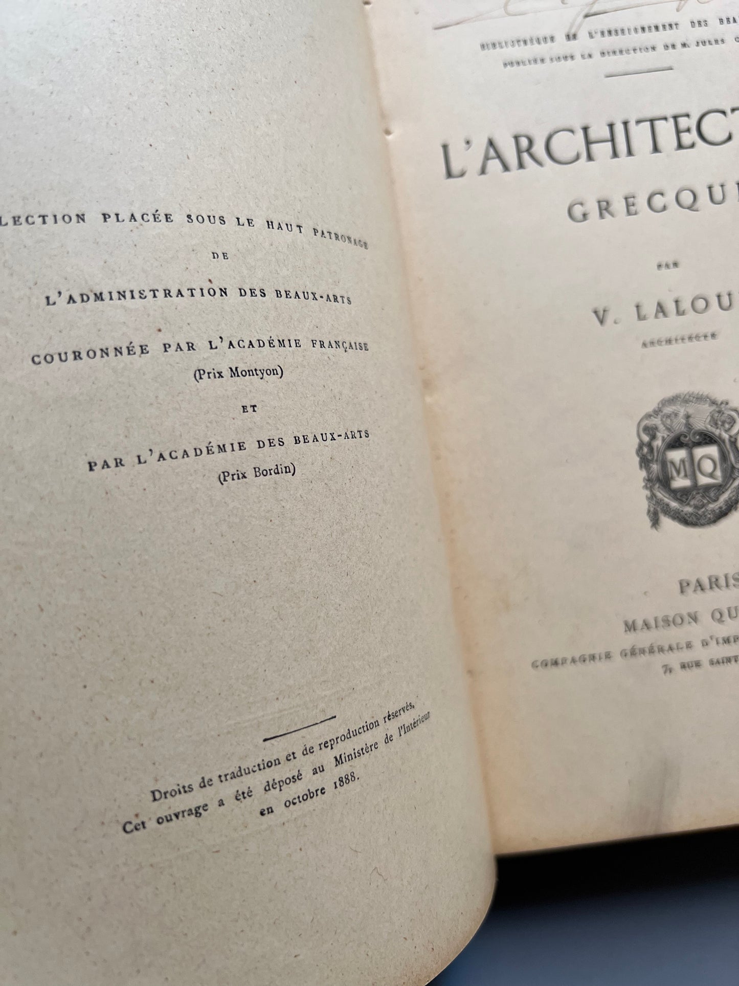 L'architecture grecque, V. Laloux - Libraire d'Éducation nationale, 1888